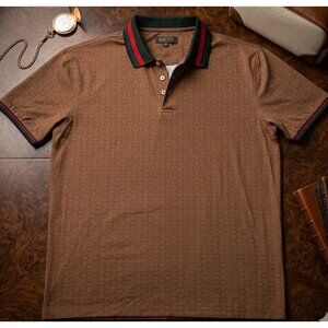 Pavini Mens Brown Polo Shirt XXL With Monogram Pattern & Striped Collar